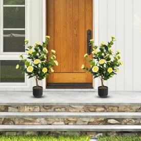 1/2 Pieces 95cm Artificial Camellia Tree with Flowers and Rain-Flower Pebbles-Yellow-2 Pieces