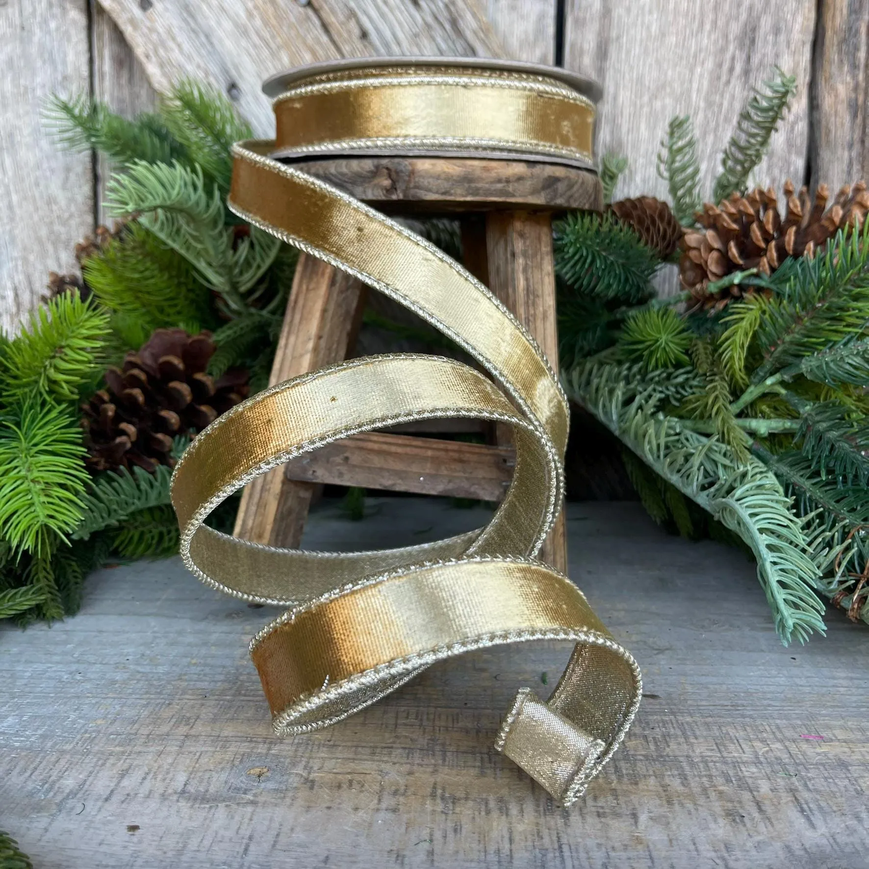 1" Gold Satin Velvet Ribbon, Farrisilk Ribbon