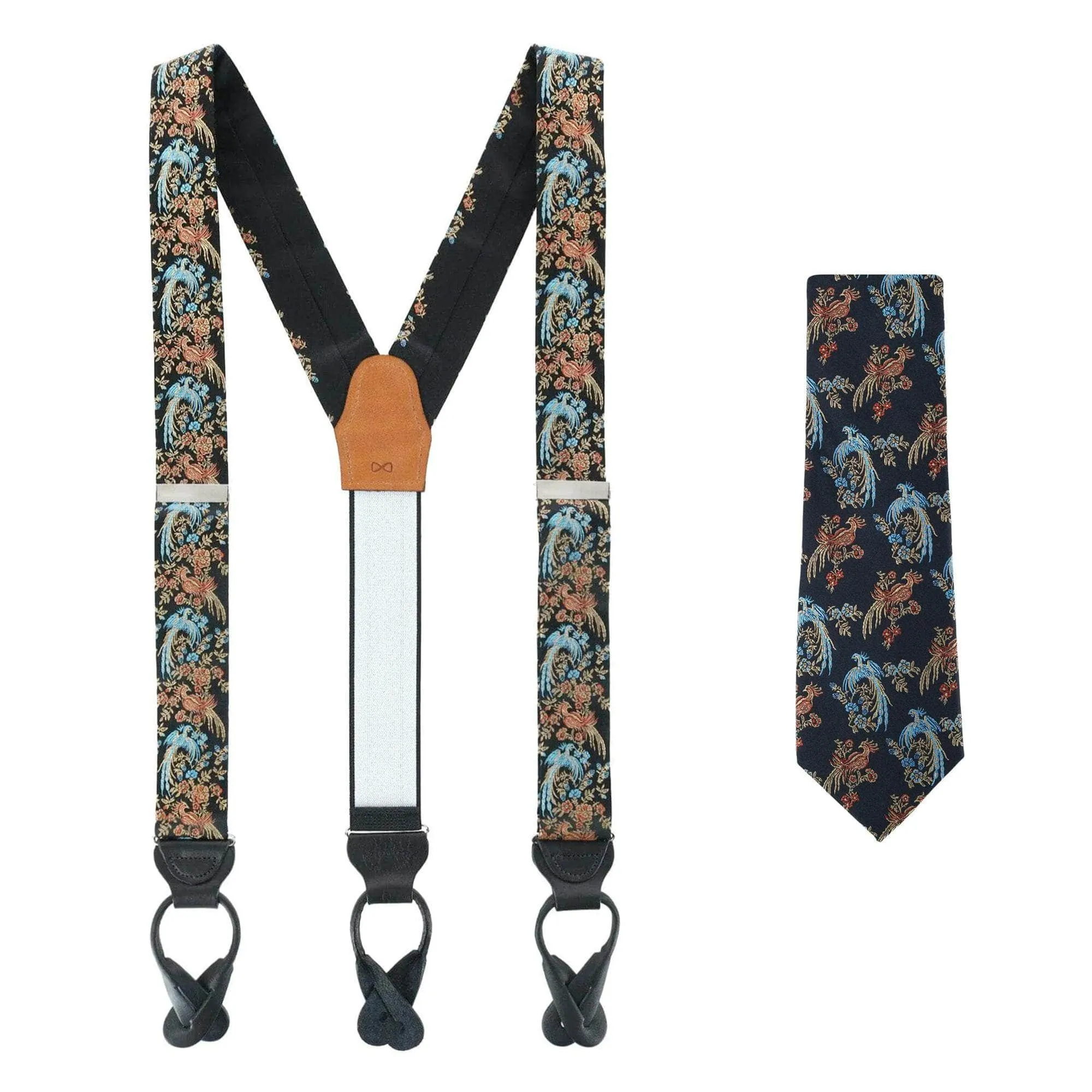 Birds of Prosperity Silk Button End Braces and Necktie Set