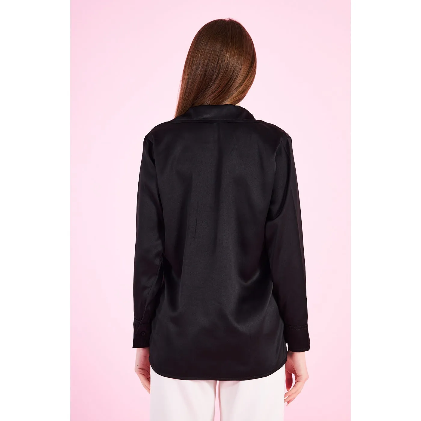 Black Cuban Collar Satin Shirt