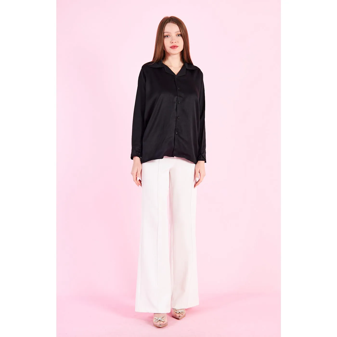Black Cuban Collar Satin Shirt