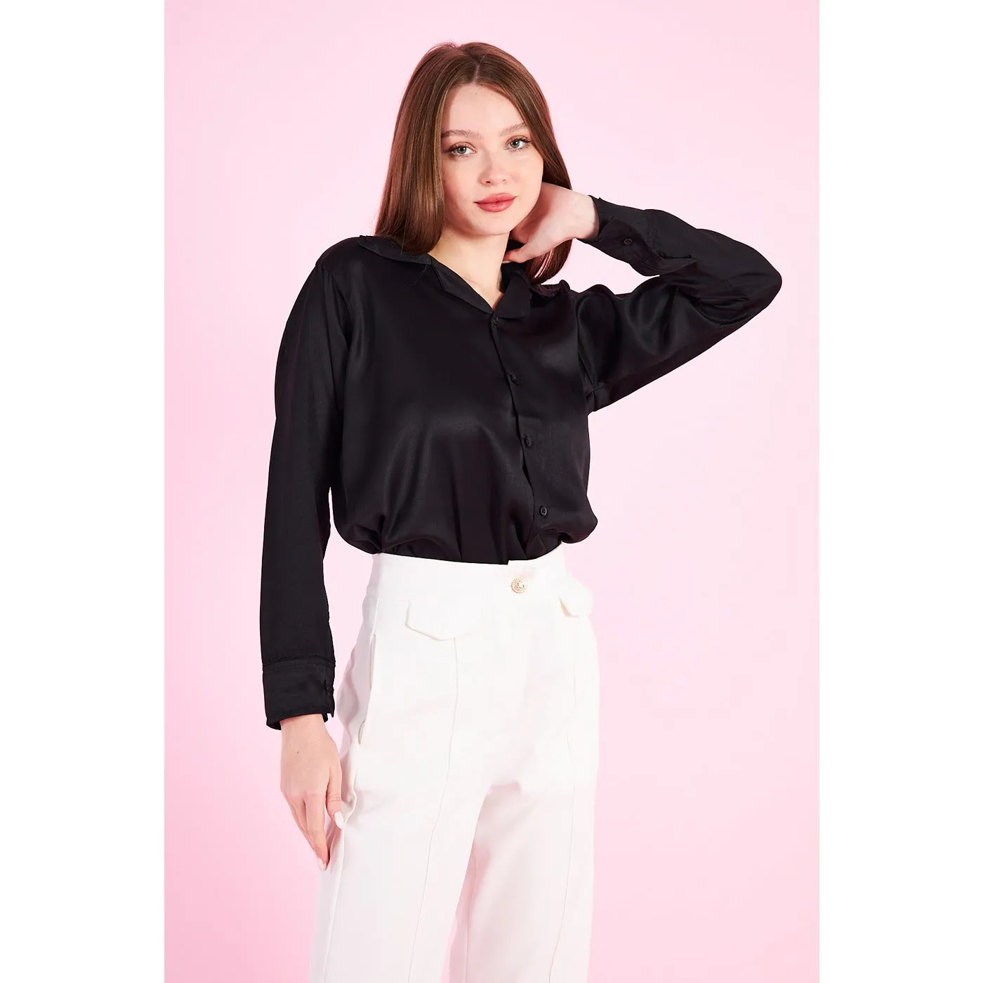 Black Cuban Collar Satin Shirt