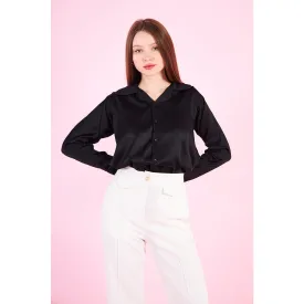 Black Cuban Collar Satin Shirt