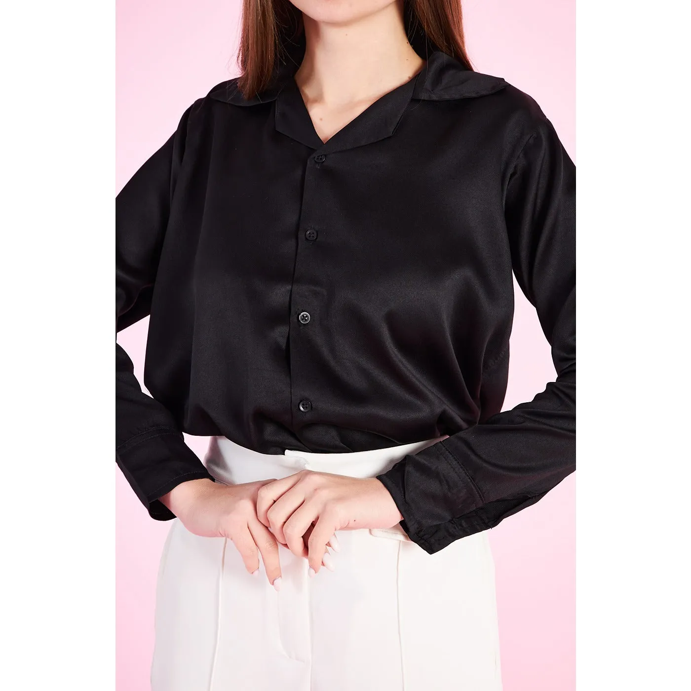Black Cuban Collar Satin Shirt