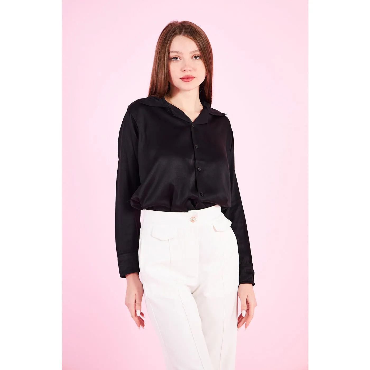 Black Cuban Collar Satin Shirt