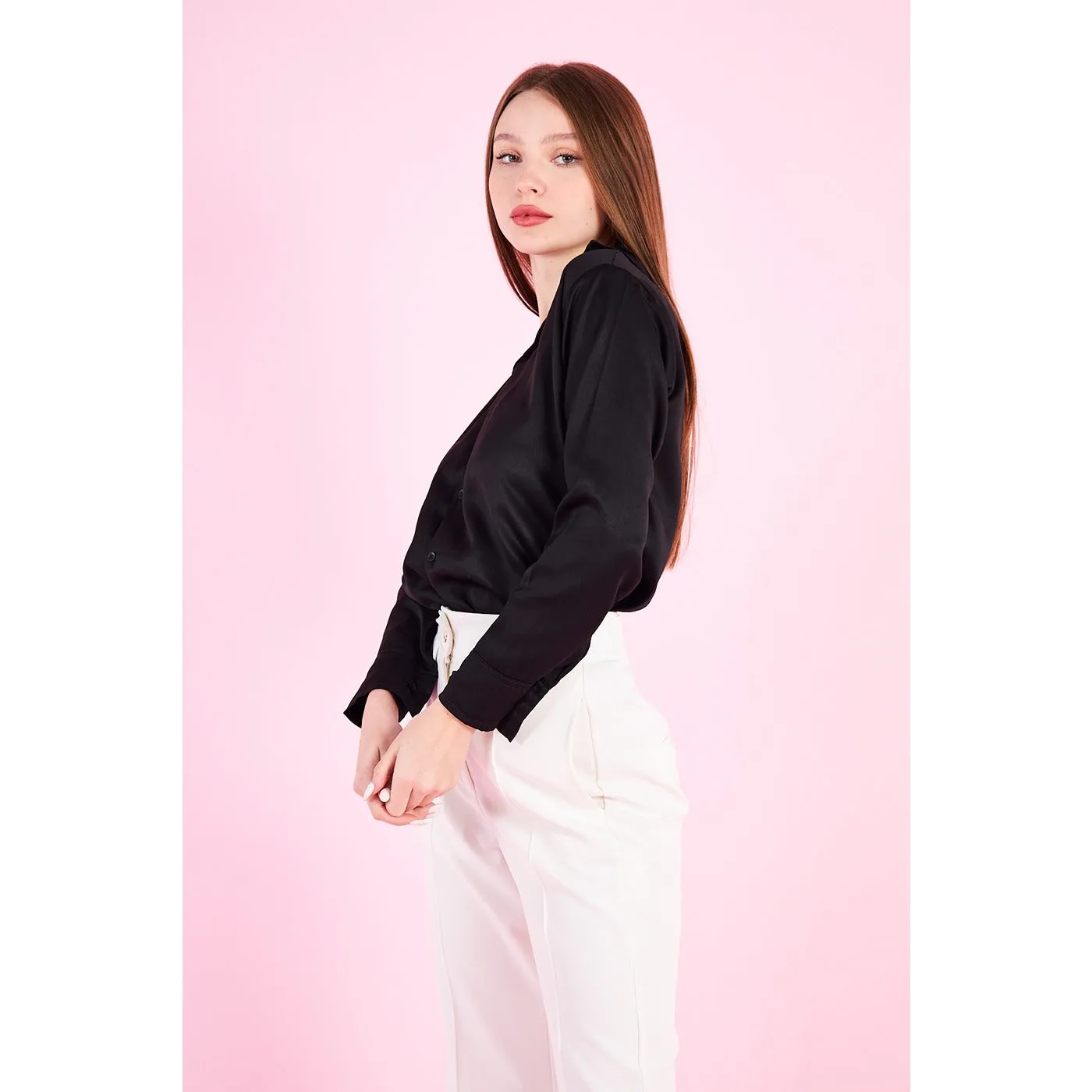 Black Cuban Collar Satin Shirt