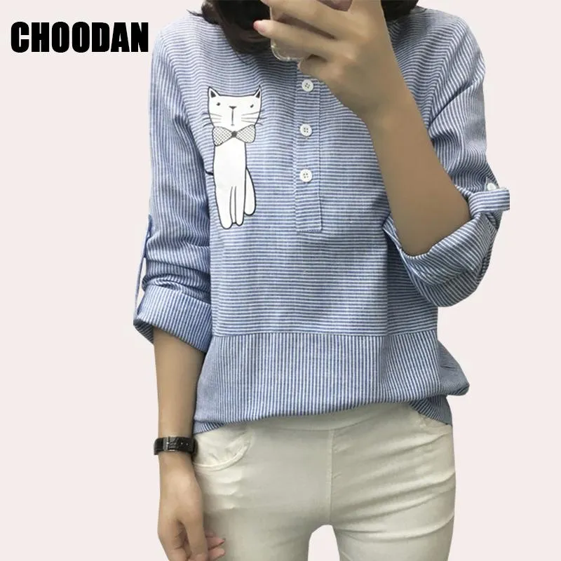 Blouse Shirt Female Cotton Linen 2017 New Summer Stripe Sweet Cartoon Cat Embroidery Shirts Women Tops Ladies Clothing 2018