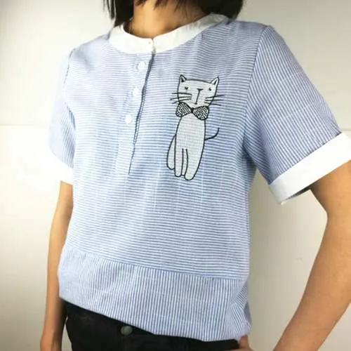 Blouse Shirt Female Cotton Linen 2017 New Summer Stripe Sweet Cartoon Cat Embroidery Shirts Women Tops Ladies Clothing 2018