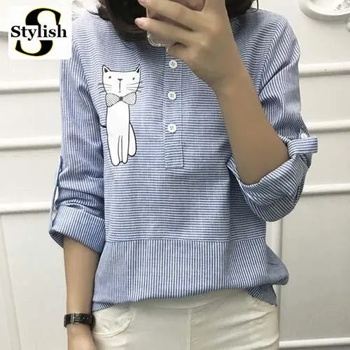 Blouse Shirt Female Cotton Linen 2017 New Summer Stripe Sweet Cartoon Cat Embroidery Shirts Women Tops Ladies Clothing 2018