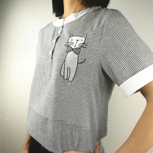 Blouse Shirt Female Cotton Linen 2017 New Summer Stripe Sweet Cartoon Cat Embroidery Shirts Women Tops Ladies Clothing 2018