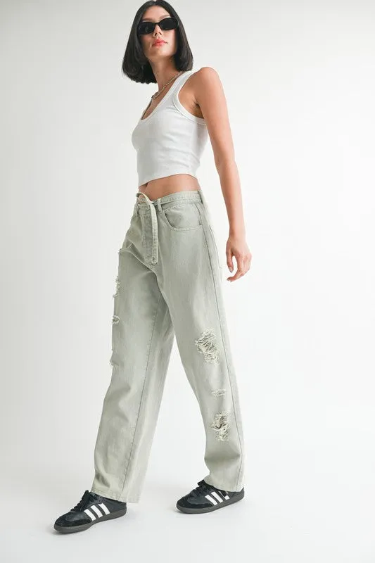 Casual Distressed Wide Leg Tie-front Pants