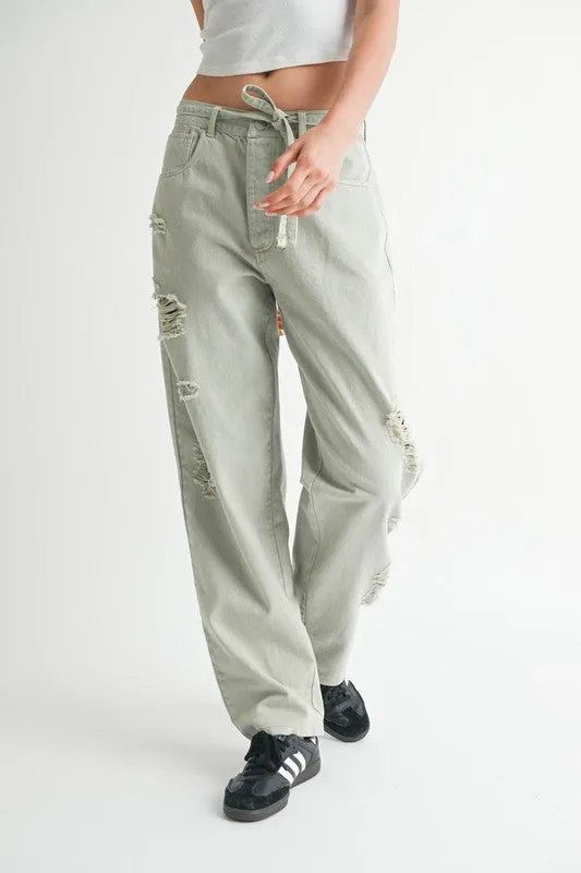 Casual Distressed Wide Leg Tie-front Pants