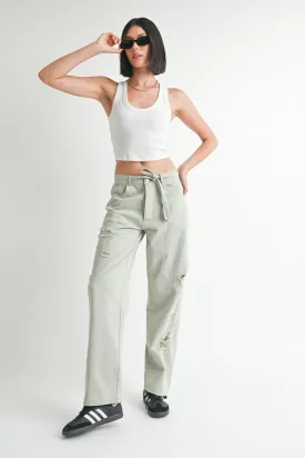 Casual Distressed Wide Leg Tie-front Pants