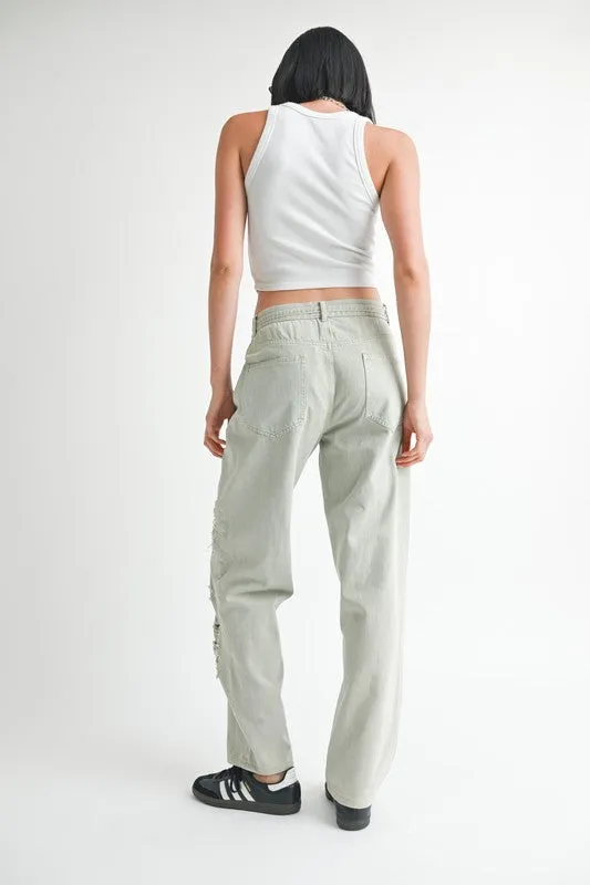 Casual Distressed Wide Leg Tie-front Pants