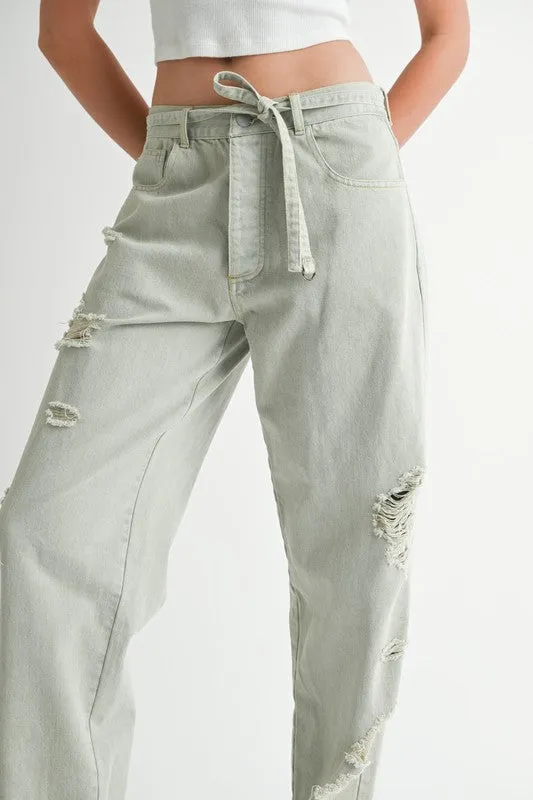 Casual Distressed Wide Leg Tie-front Pants