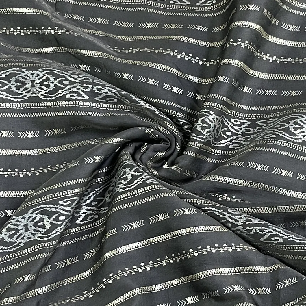 Classic Grey Gold Stripes Foil Print Silk Fabric