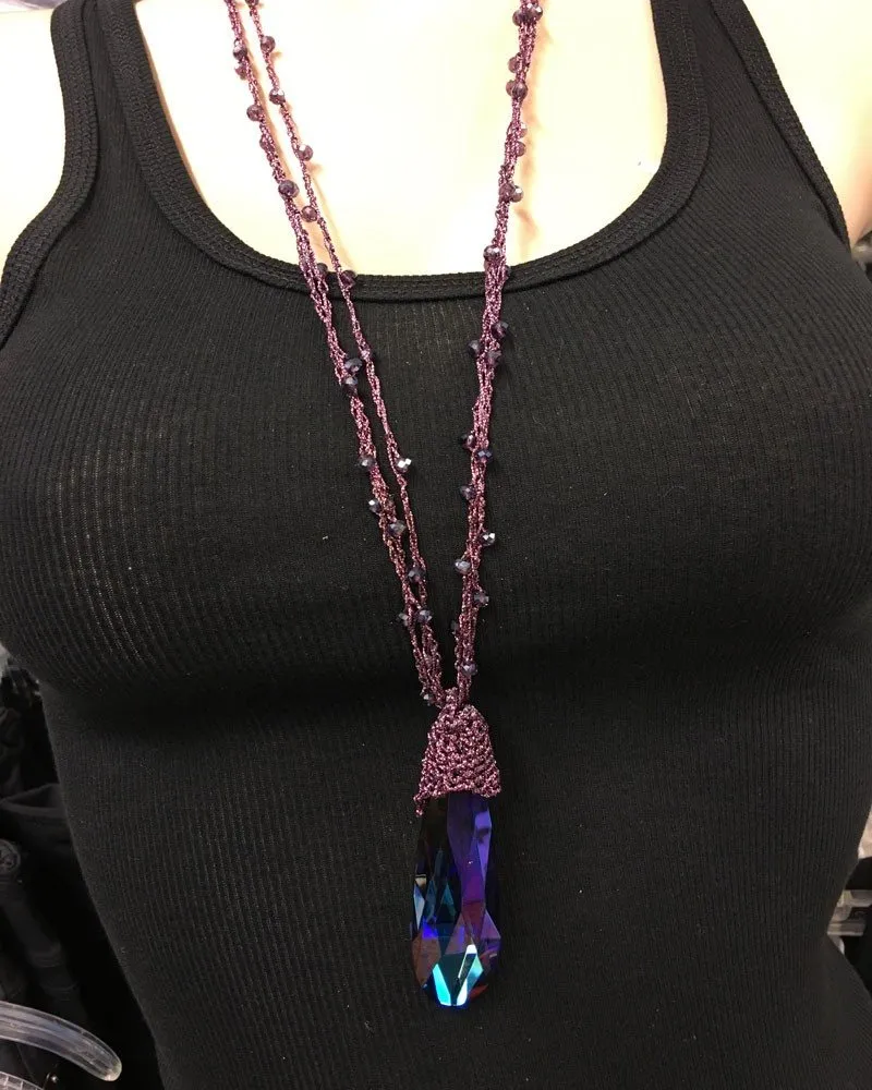 Crochet Crystal Necklace Purple