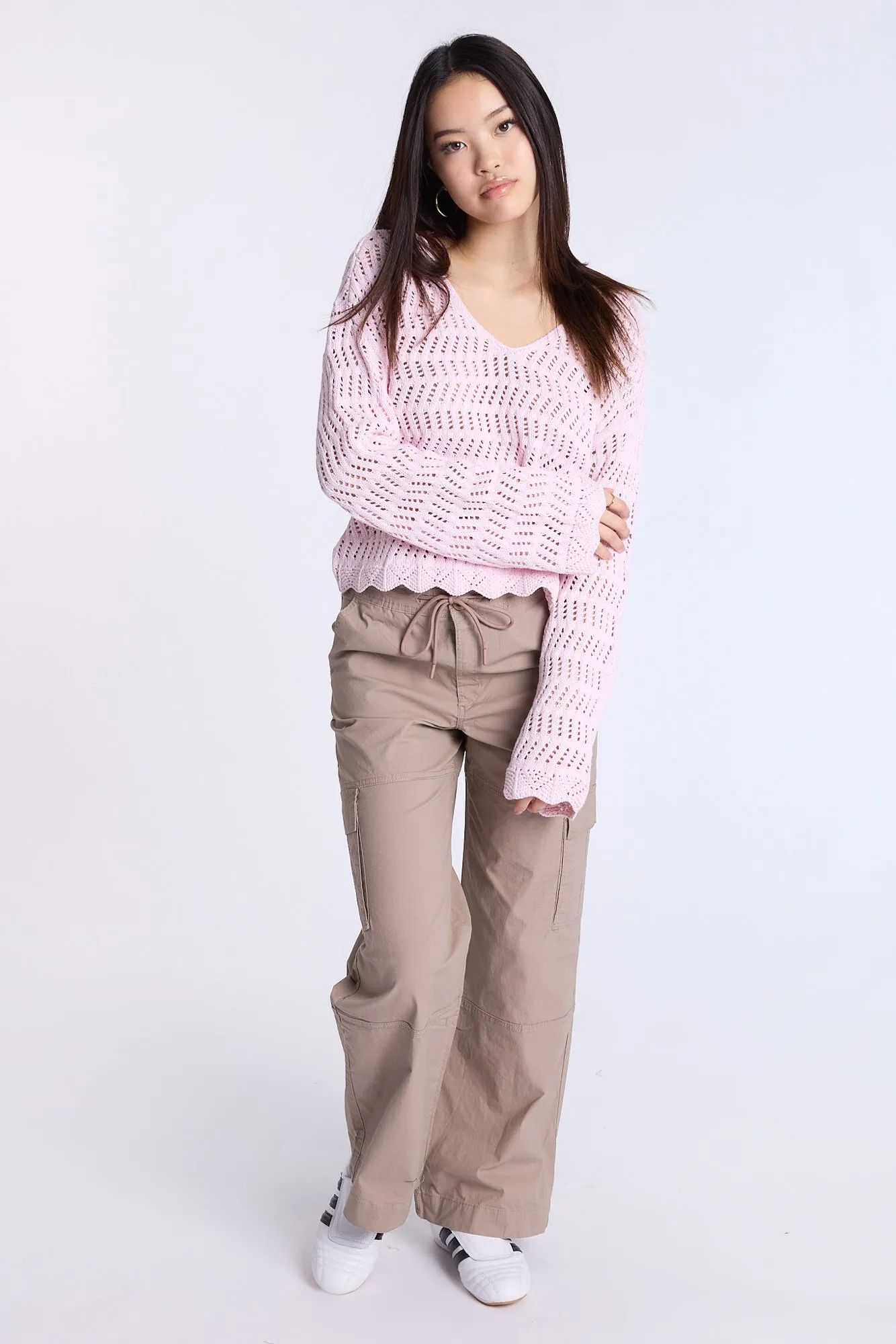 Crochet-Style V-Neck Sweater