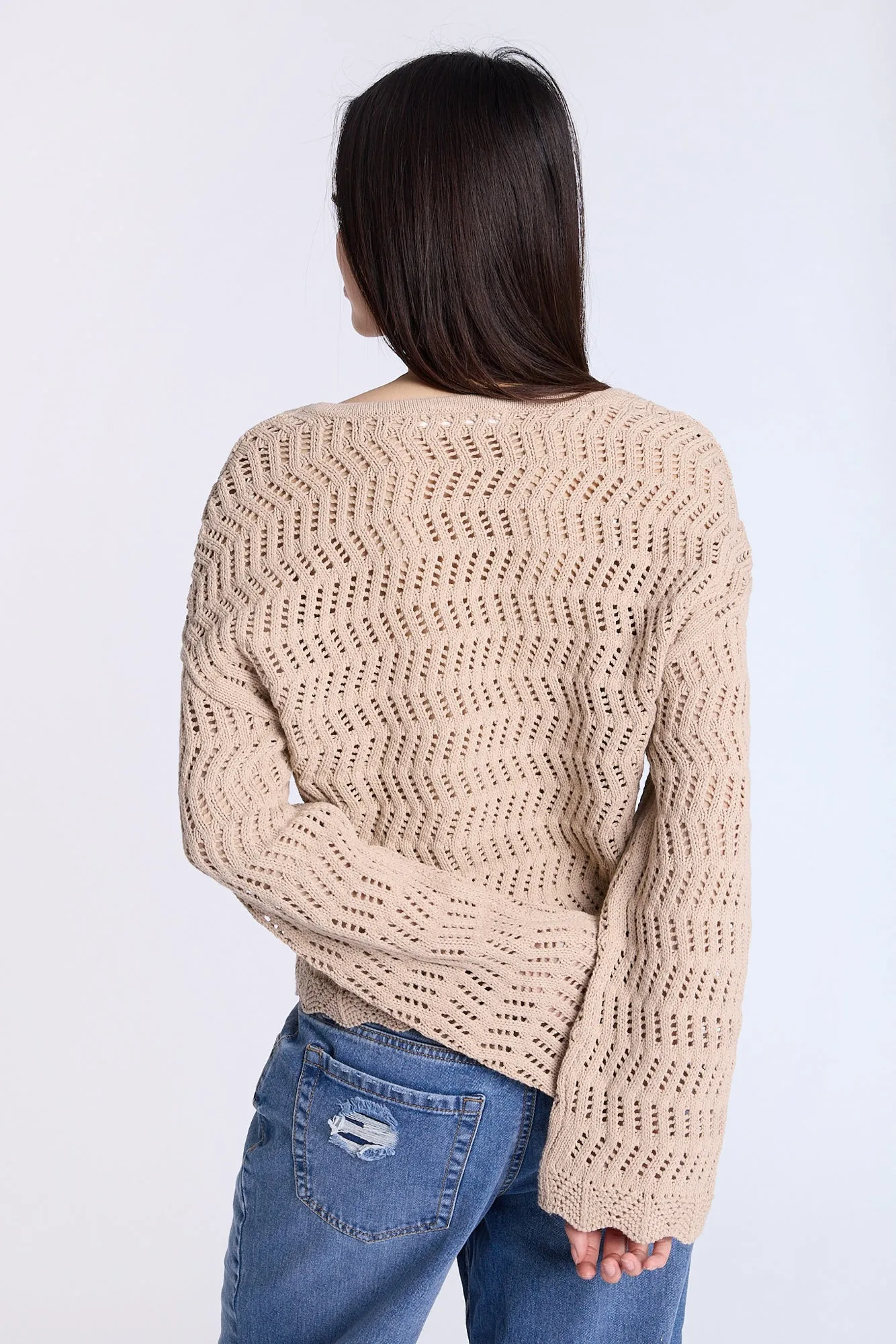 Crochet-Style V-Neck Sweater