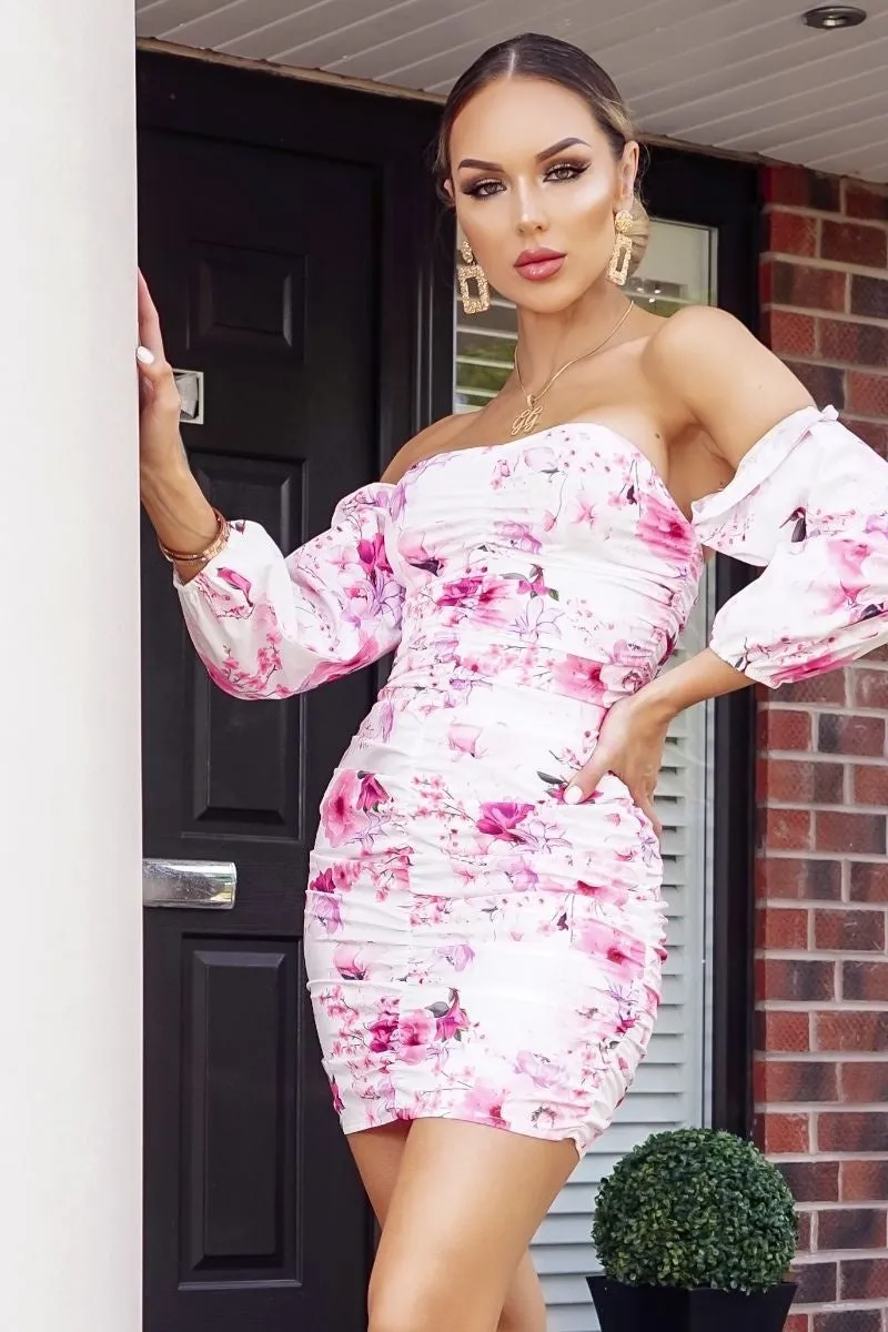 Floral print ruching detail long sleeve mini dress