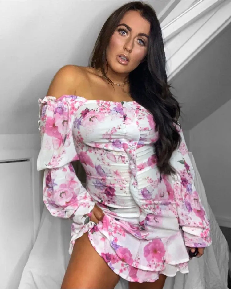 Floral print ruching detail long sleeve mini dress