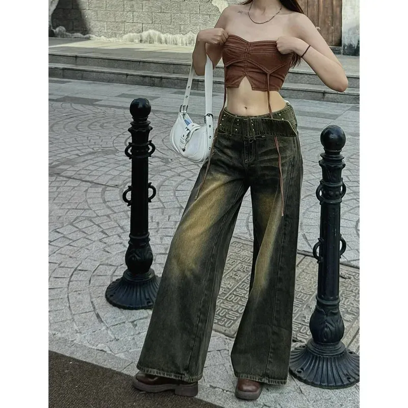 Girlary Blue Womens Jeans High Waist Vintage Straight LOOSE Denim Pants Y2K Streetwear American Classic Fashion Wide Leg Denim Trouser