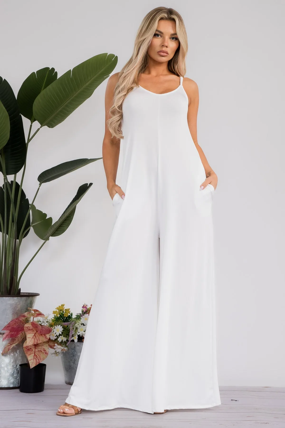 HH697R-S - SPAGHETTI STRAP WIDE LEG JUMPSUIT
