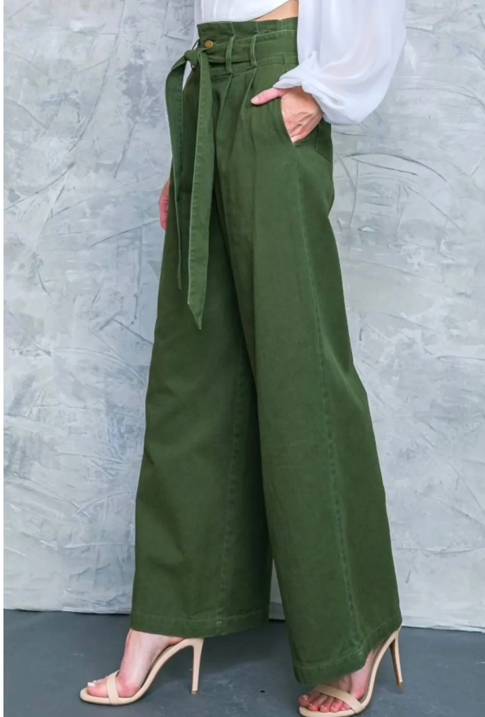 Hi-waisted Paperbag Wide Leg Denim -Dark green