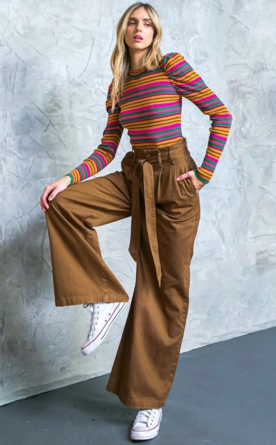 Hi-waisted Paperbag Wide Leg Denim -Dark green