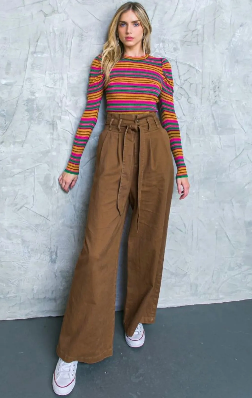 Hi-waisted Paperbag Wide Leg Denim -Dark green