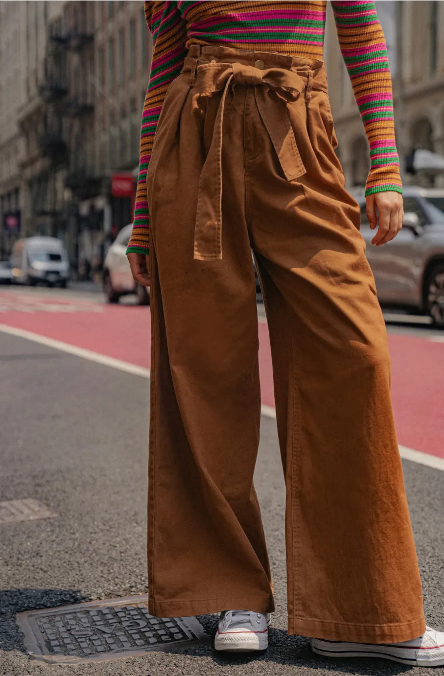 Hi-waisted Paperbag Wide Leg Denim -Dark green