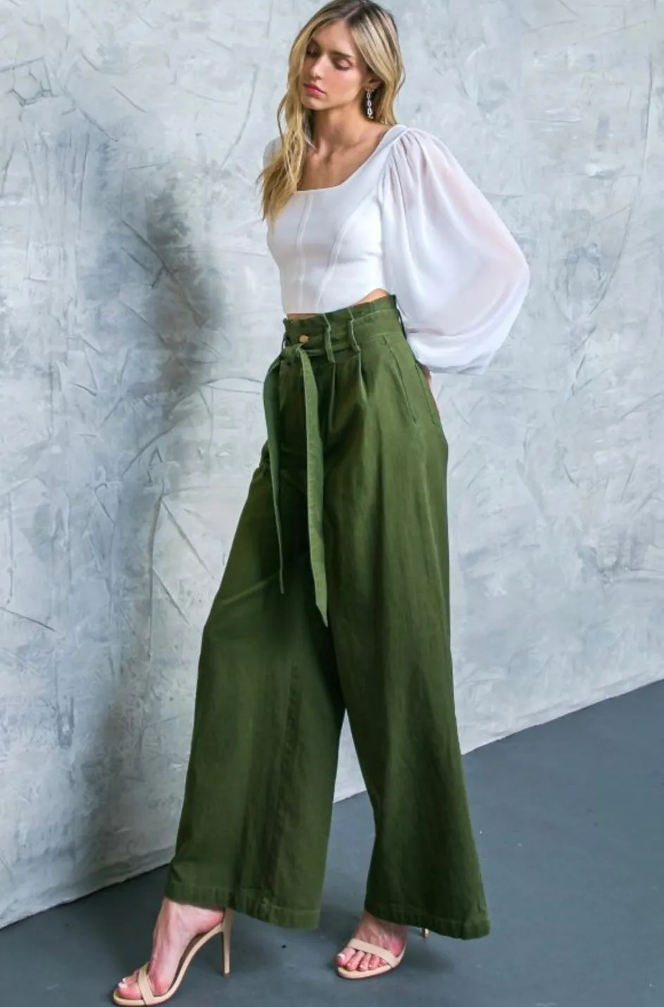 Hi-waisted Paperbag Wide Leg Denim -Dark green
