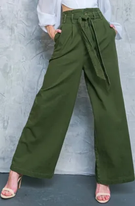 Hi-waisted Paperbag Wide Leg Denim -Dark green