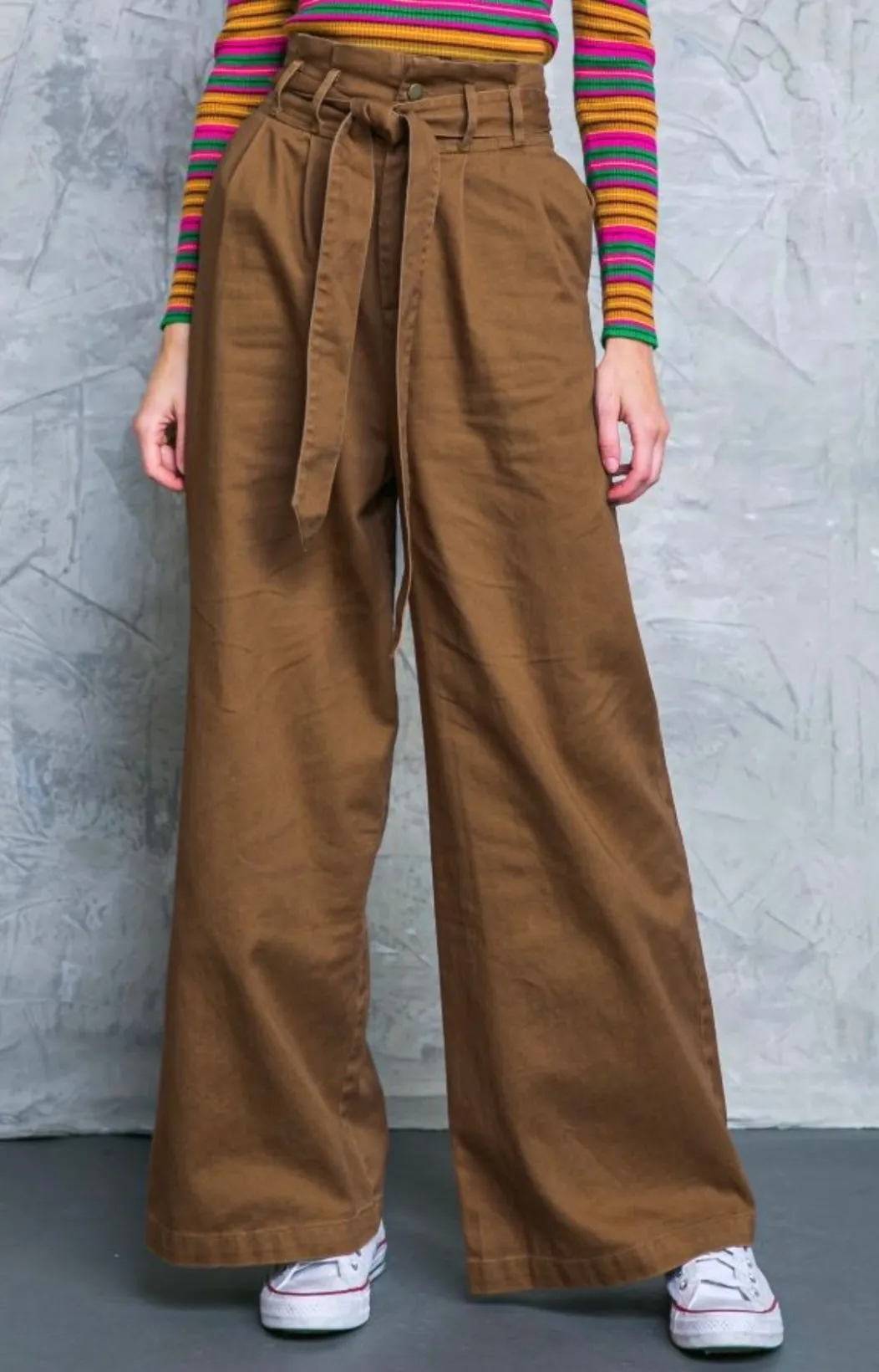 Hi-waisted Paperbag Wide Leg Denim -Dark green
