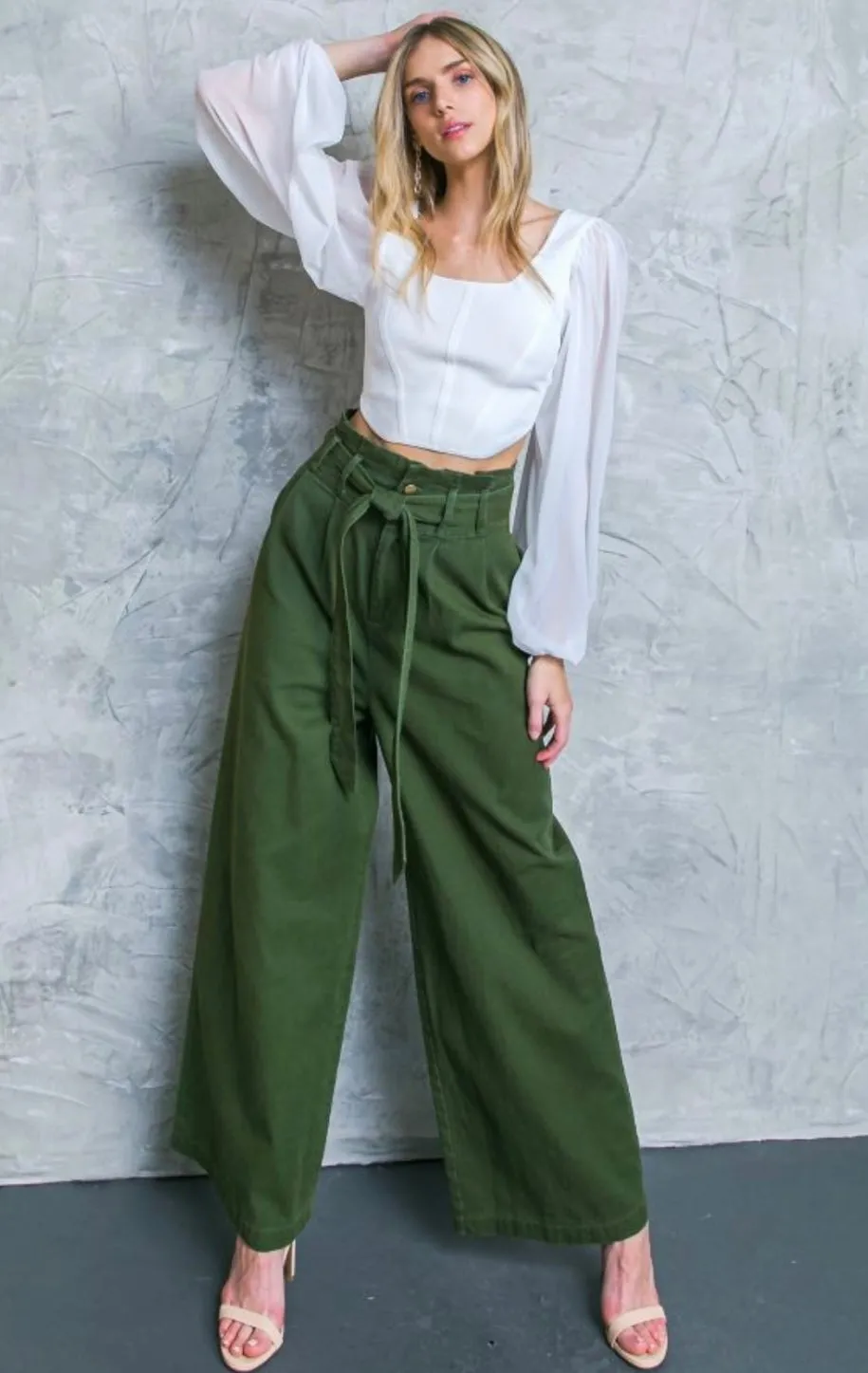Hi-waisted Paperbag Wide Leg Denim -Dark green
