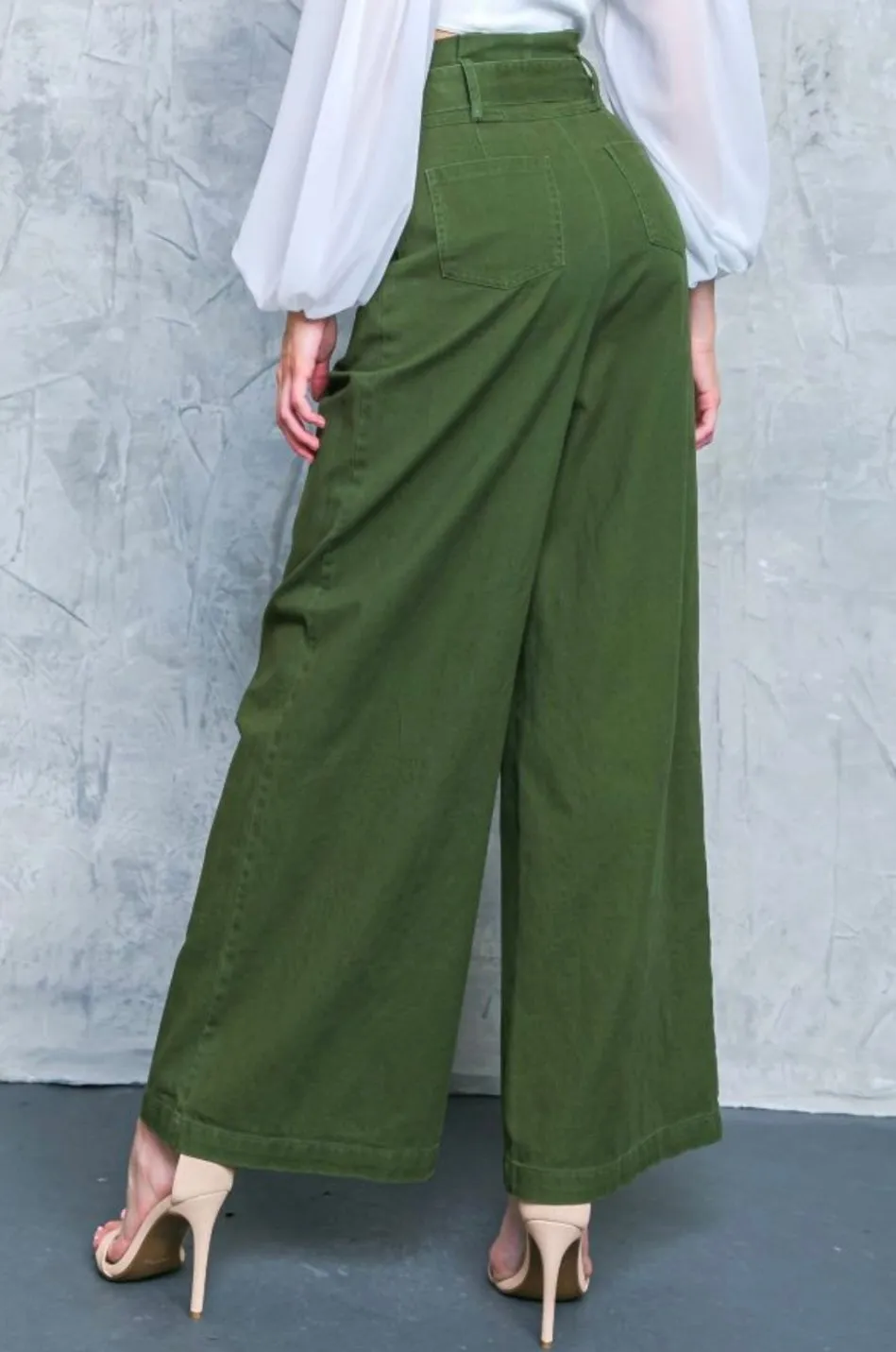 Hi-waisted Paperbag Wide Leg Denim -Dark green