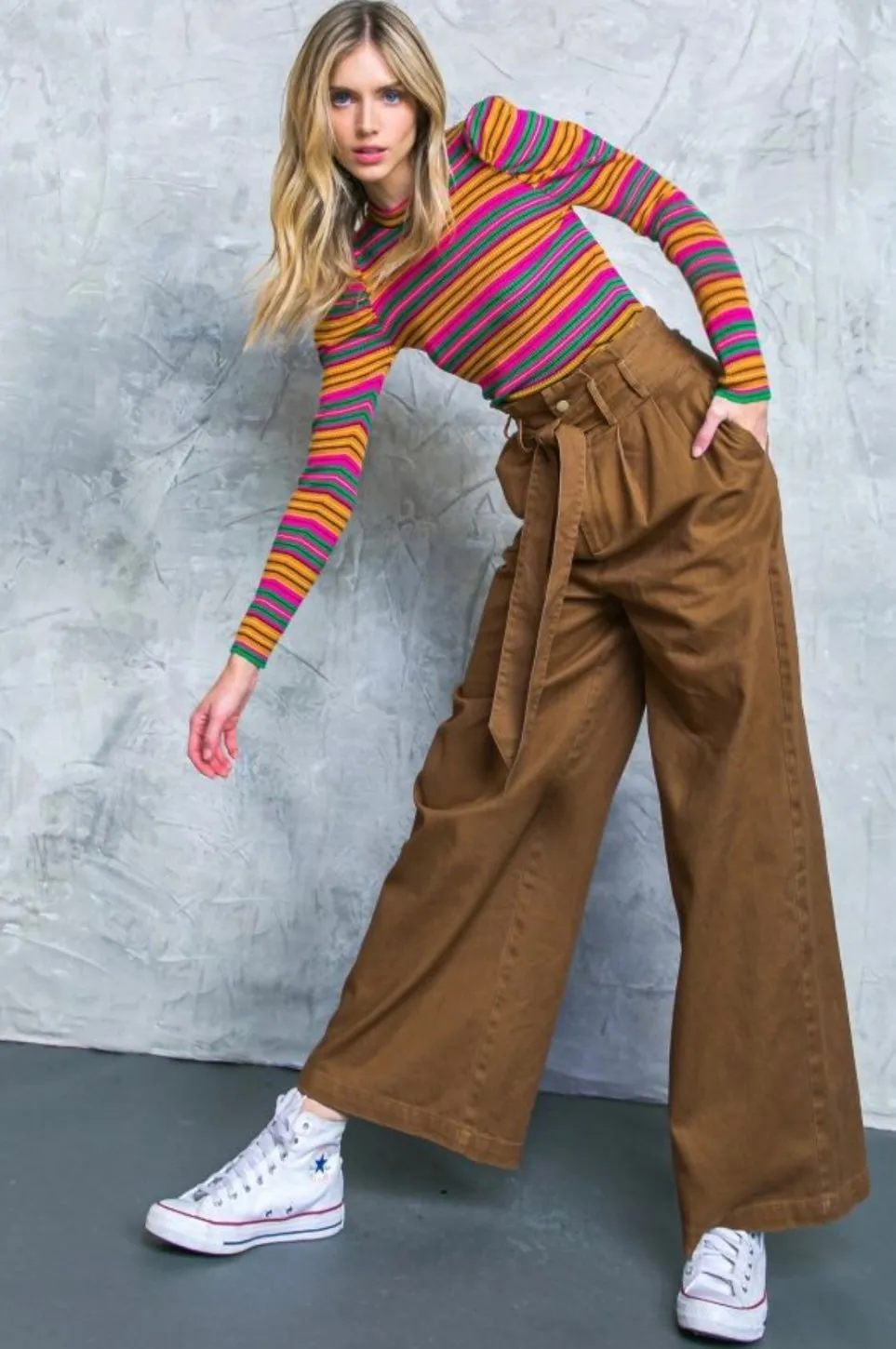 Hi-waisted Paperbag Wide Leg Denim -Dark green
