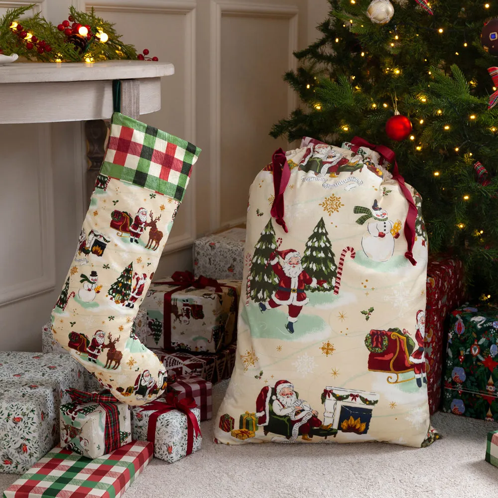Jolly Santa Printed Velvet Xmas Stocking Multicolour