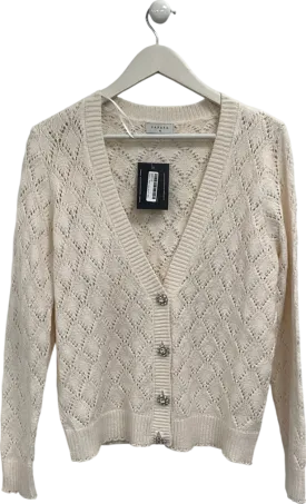 papaya White Crochet-style V-neck Cardigan With Button Closures UK M
