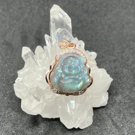 Rose Gold Zircon Blue Flash Labradorite Buddha Pendant