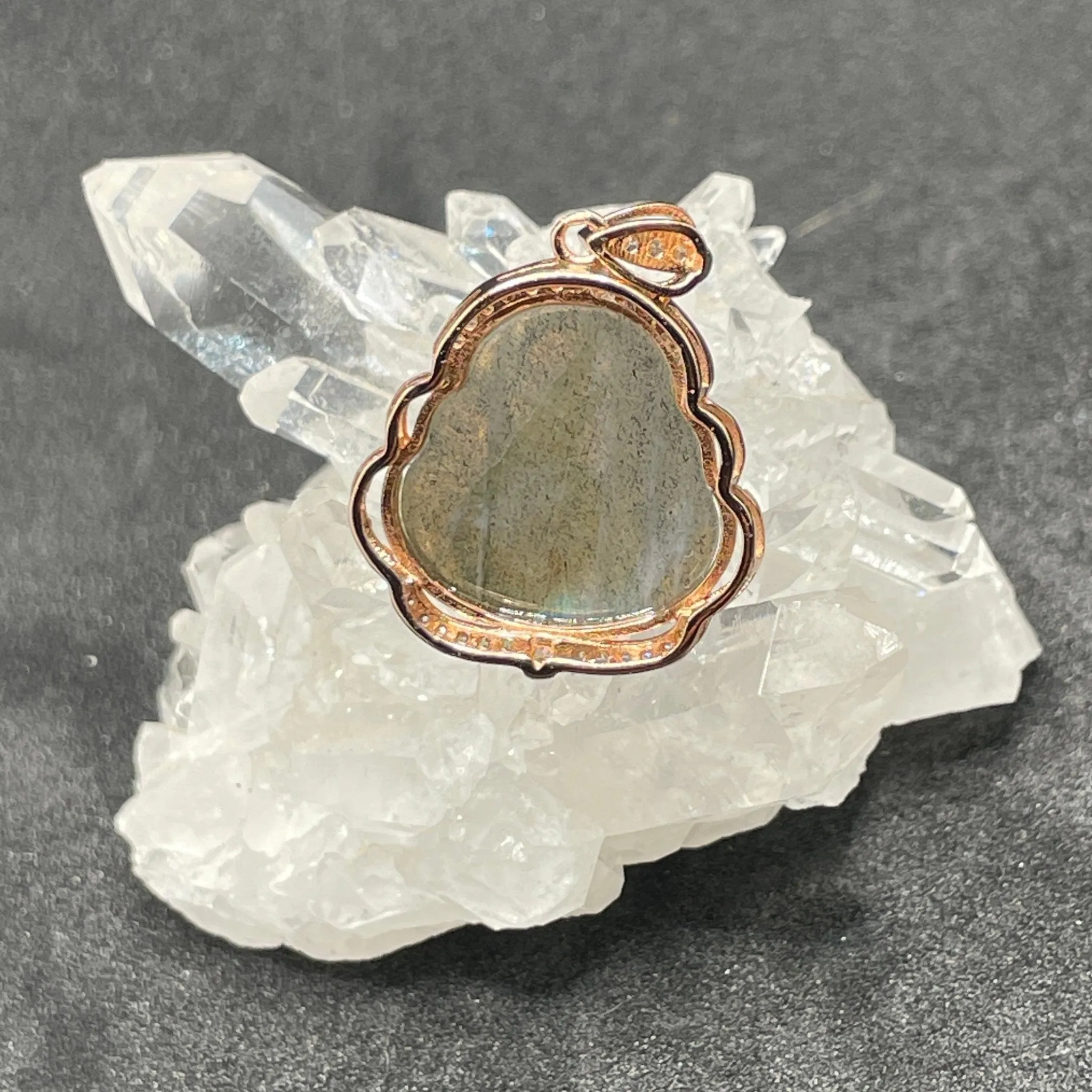 Rose Gold Zircon Blue Flash Labradorite Buddha Pendant