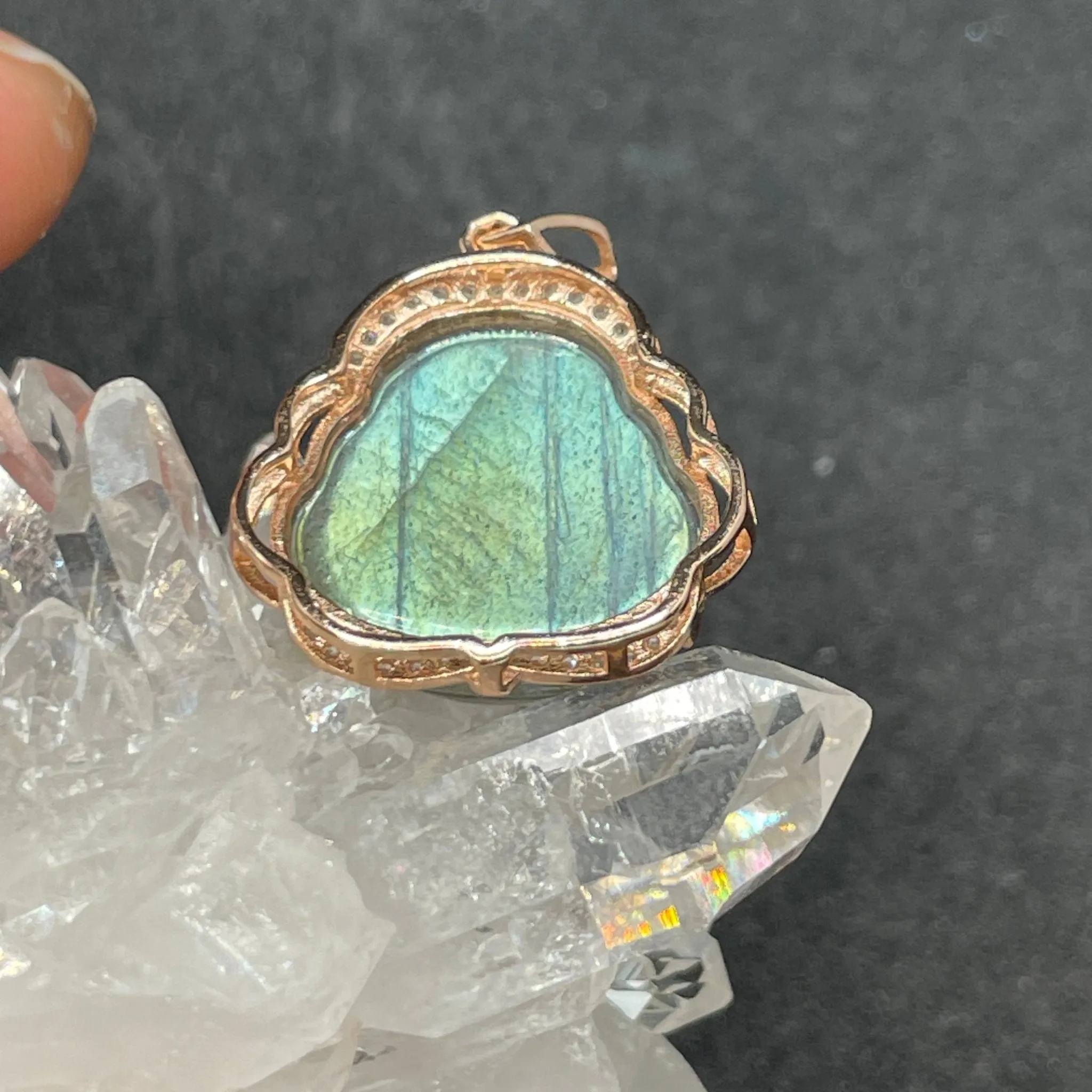 Rose Gold Zircon Blue Flash Labradorite Buddha Pendant