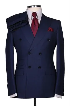 Suzhoufashion Beatris Dark Blue Double Breasted Striped Peaked Lapel Men Suits