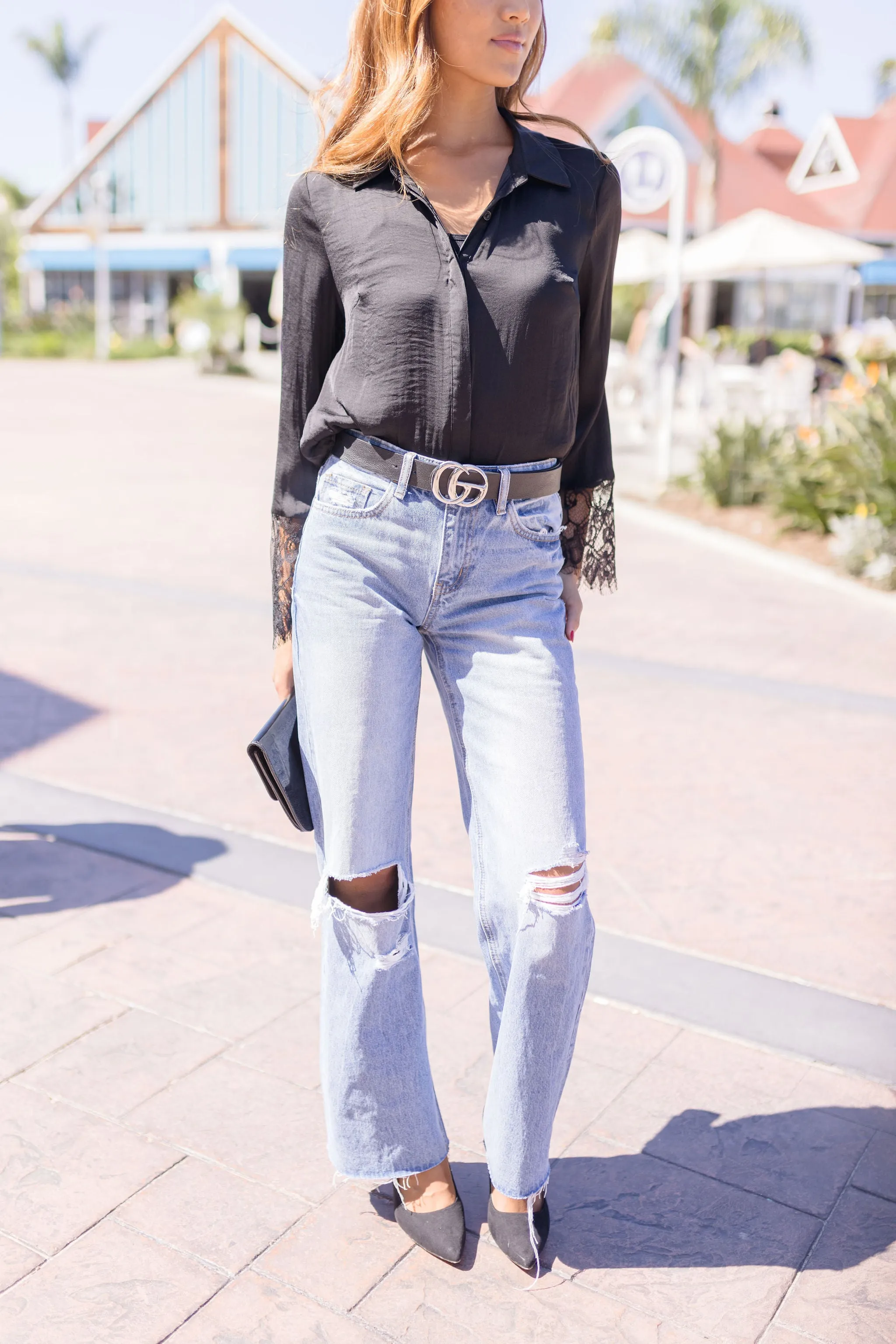 Taylor Long Sleeve Lace Cuff Button Down Satin Top Black