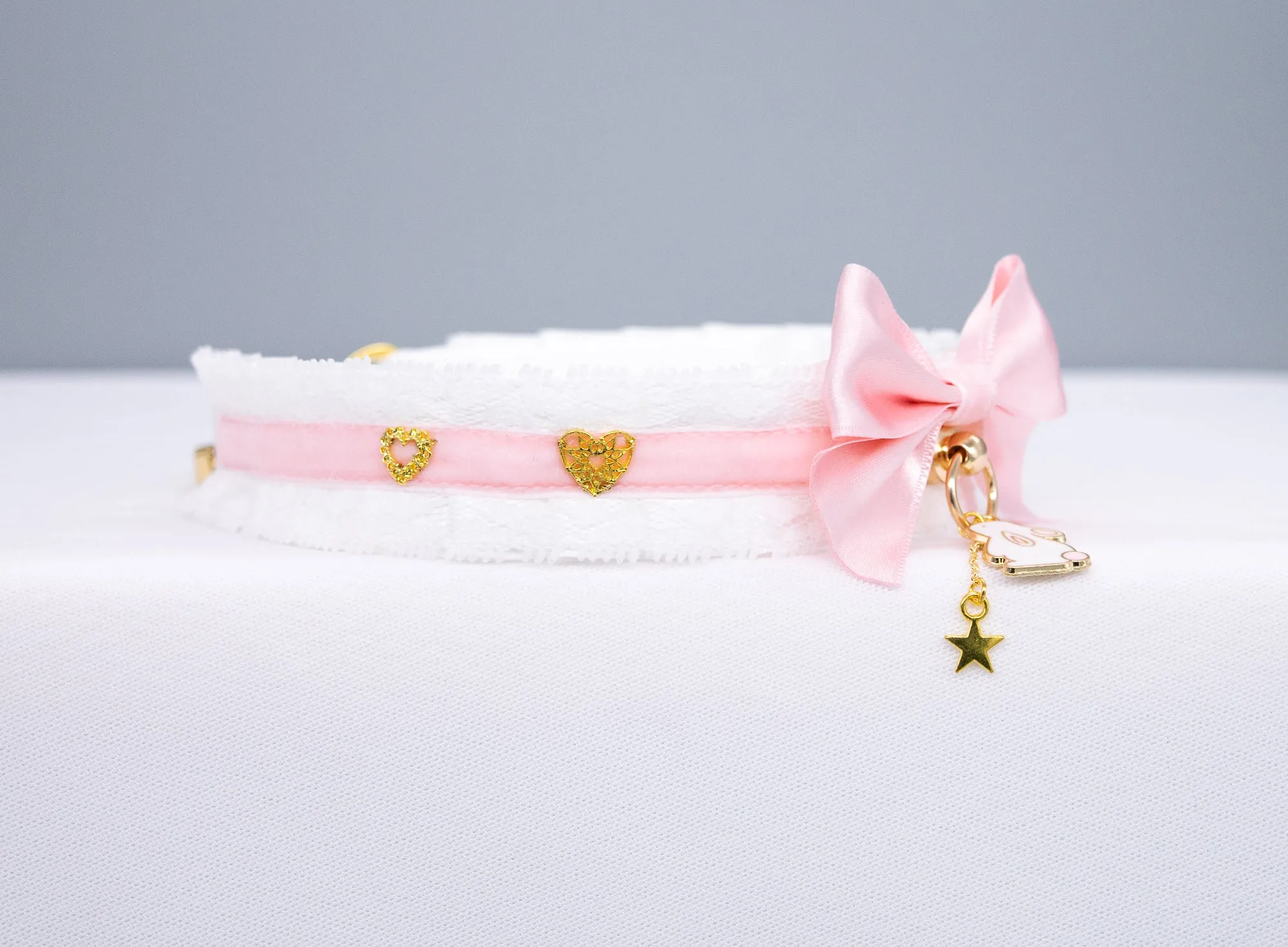 White, Pink Velvet, and Gold Bunny-Themed Pet Play Collar