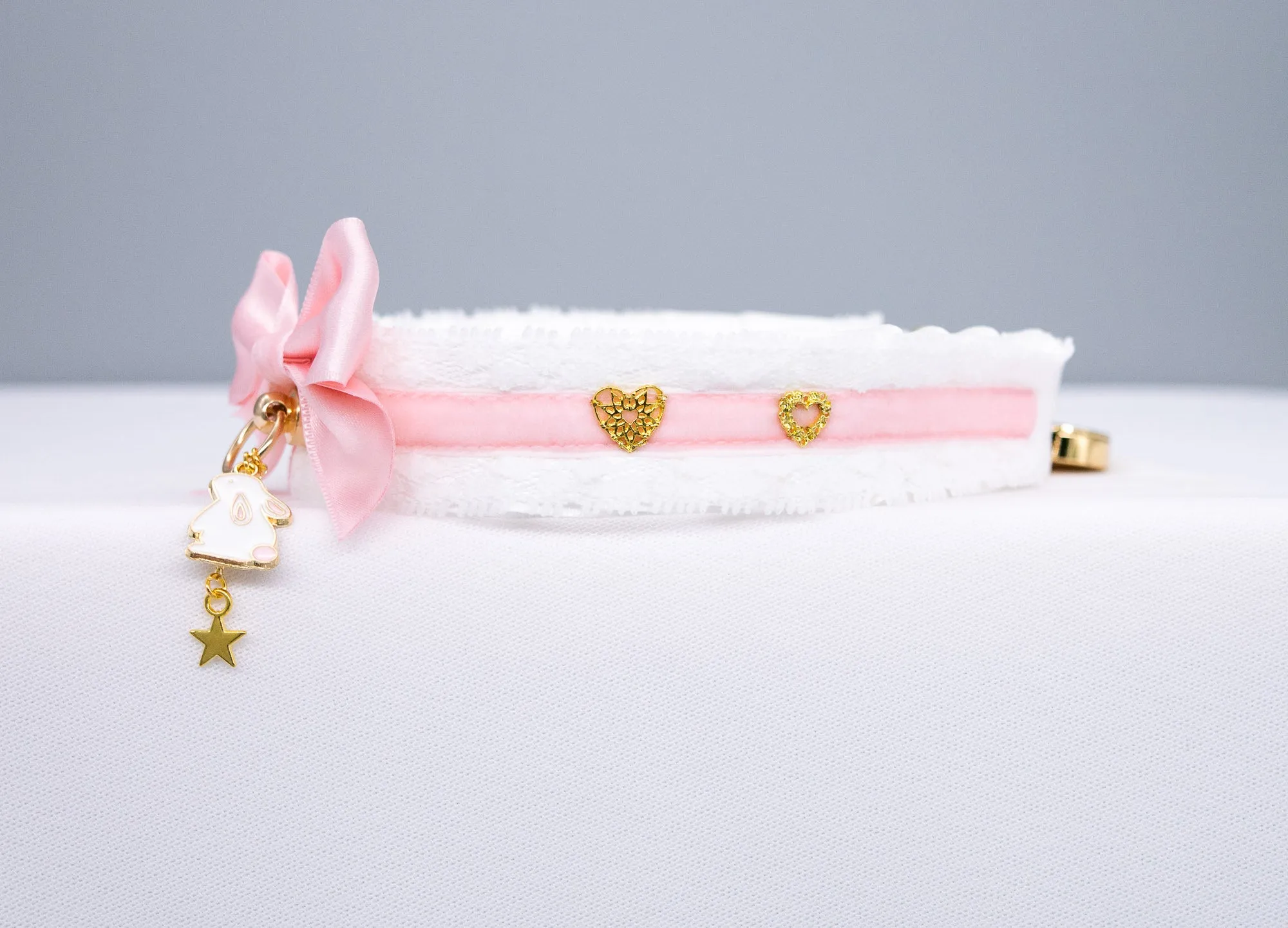White, Pink Velvet, and Gold Bunny-Themed Pet Play Collar