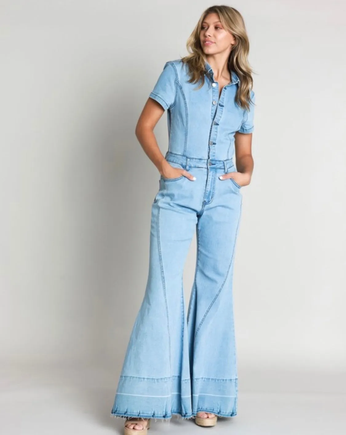 WIDE LEG DENIM JUMPSUIT WITH STRETCH