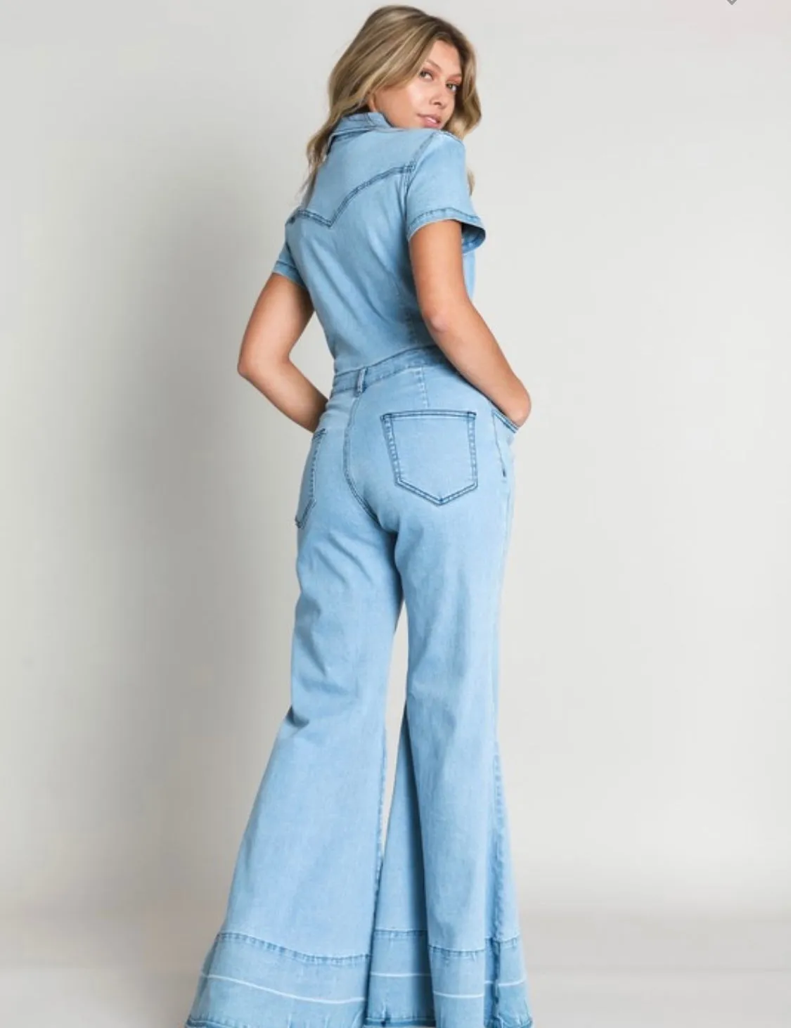 WIDE LEG DENIM JUMPSUIT WITH STRETCH