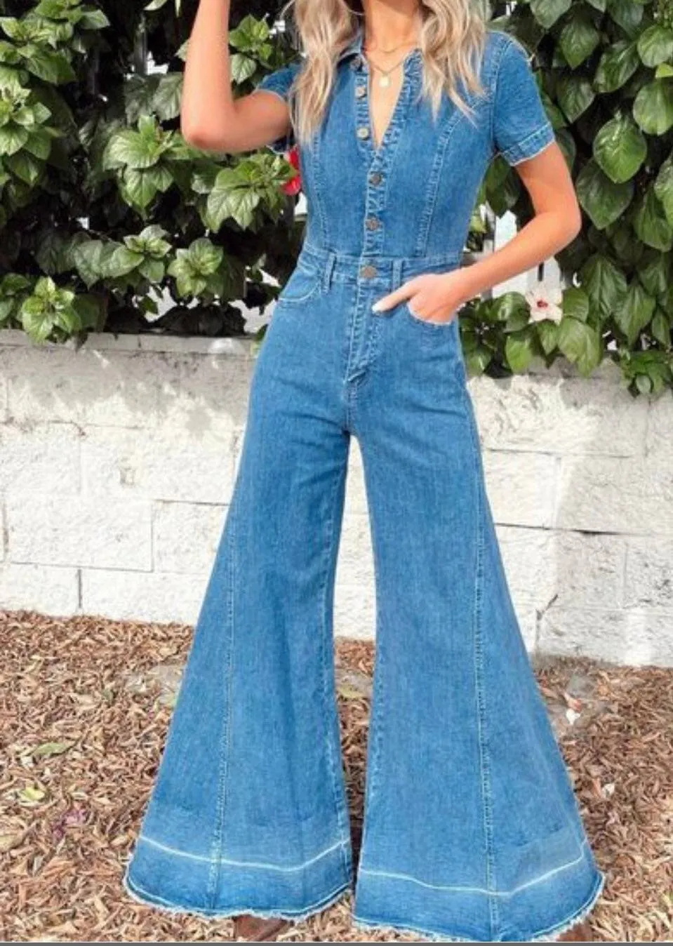 WIDE LEG DENIM JUMPSUIT WITH STRETCH