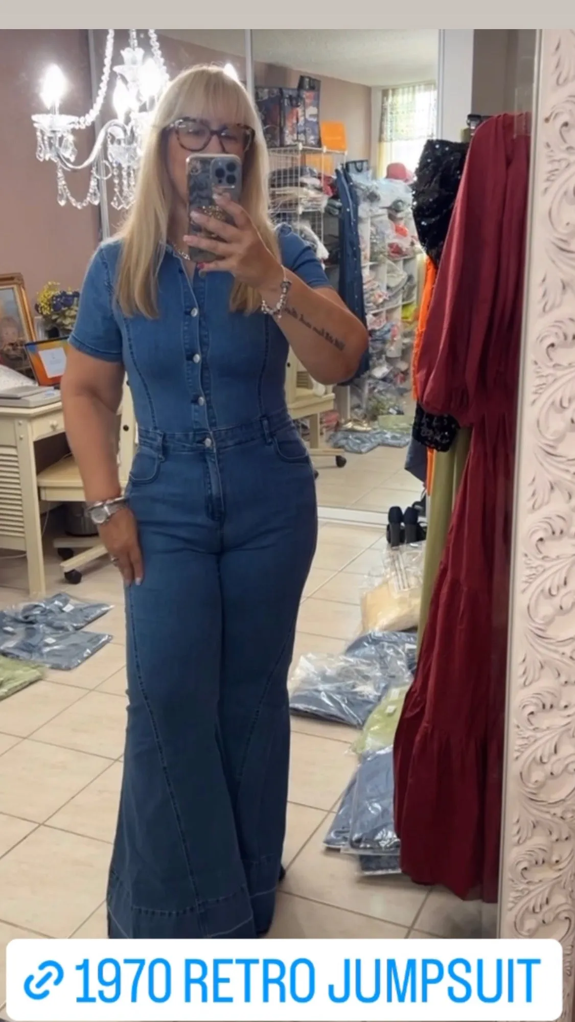 WIDE LEG DENIM JUMPSUIT WITH STRETCH